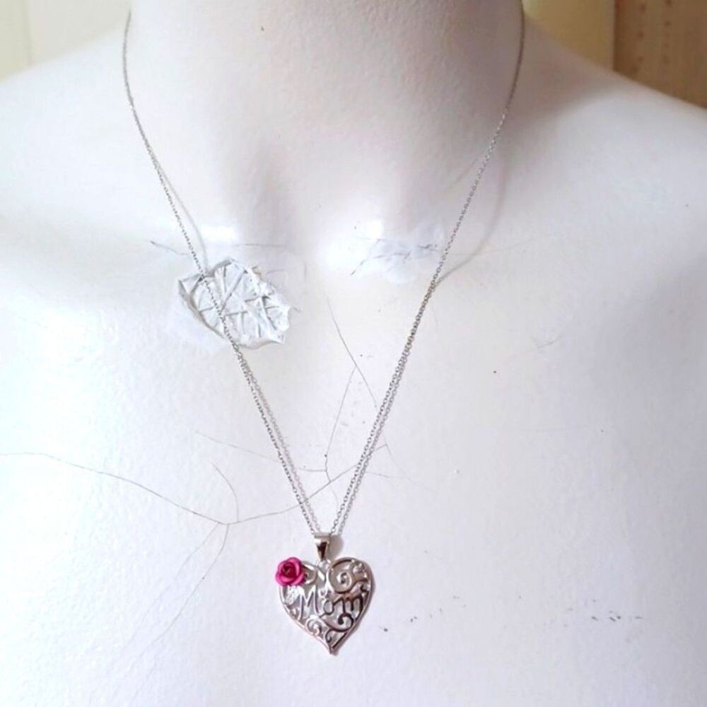 Sterling Silver 925  Filigree Heart Rose Necklace 20 L